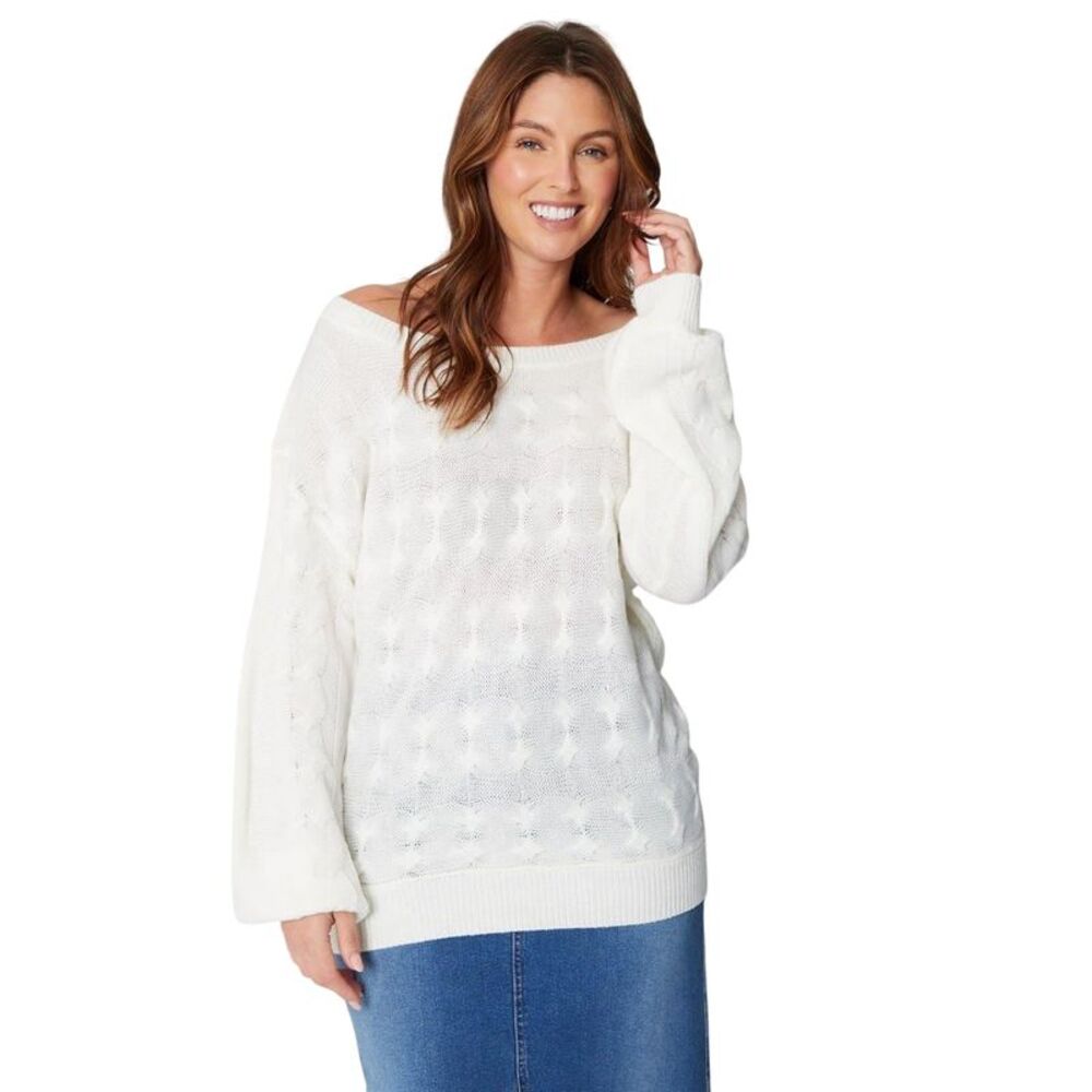 Be You Womens/Ladies Cable Knit Off  Relaxed Fit Top / Cream